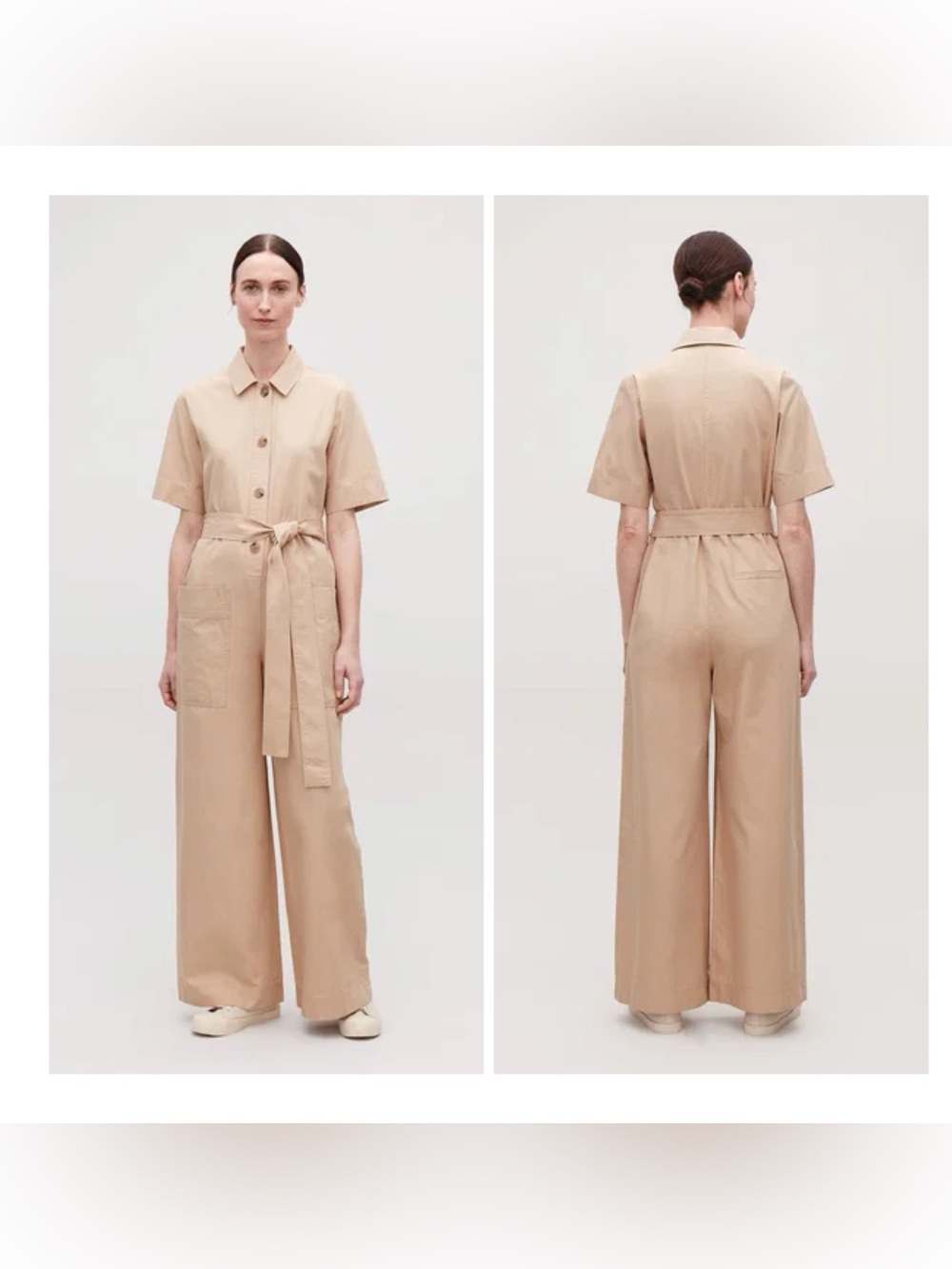 COS US6 Beige Belted Button-Up Wide Leg‎ Cotton Jumpsuit Utilitarian Belted